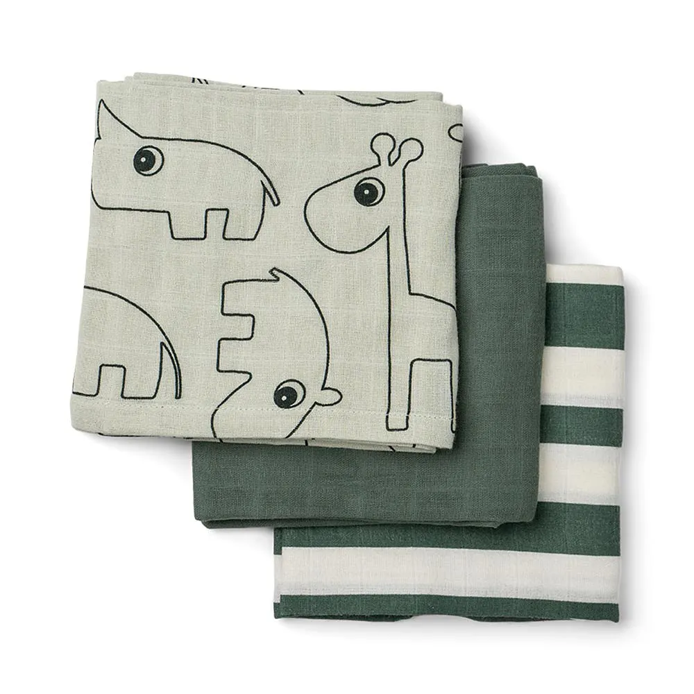 Burp cloth 3-pack GOTS Deer friends Green