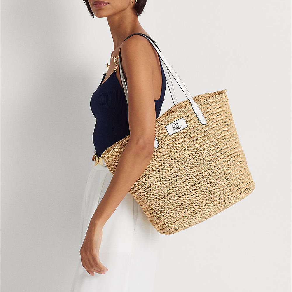 Leather-Trim Straw Large Brie Tote Bag