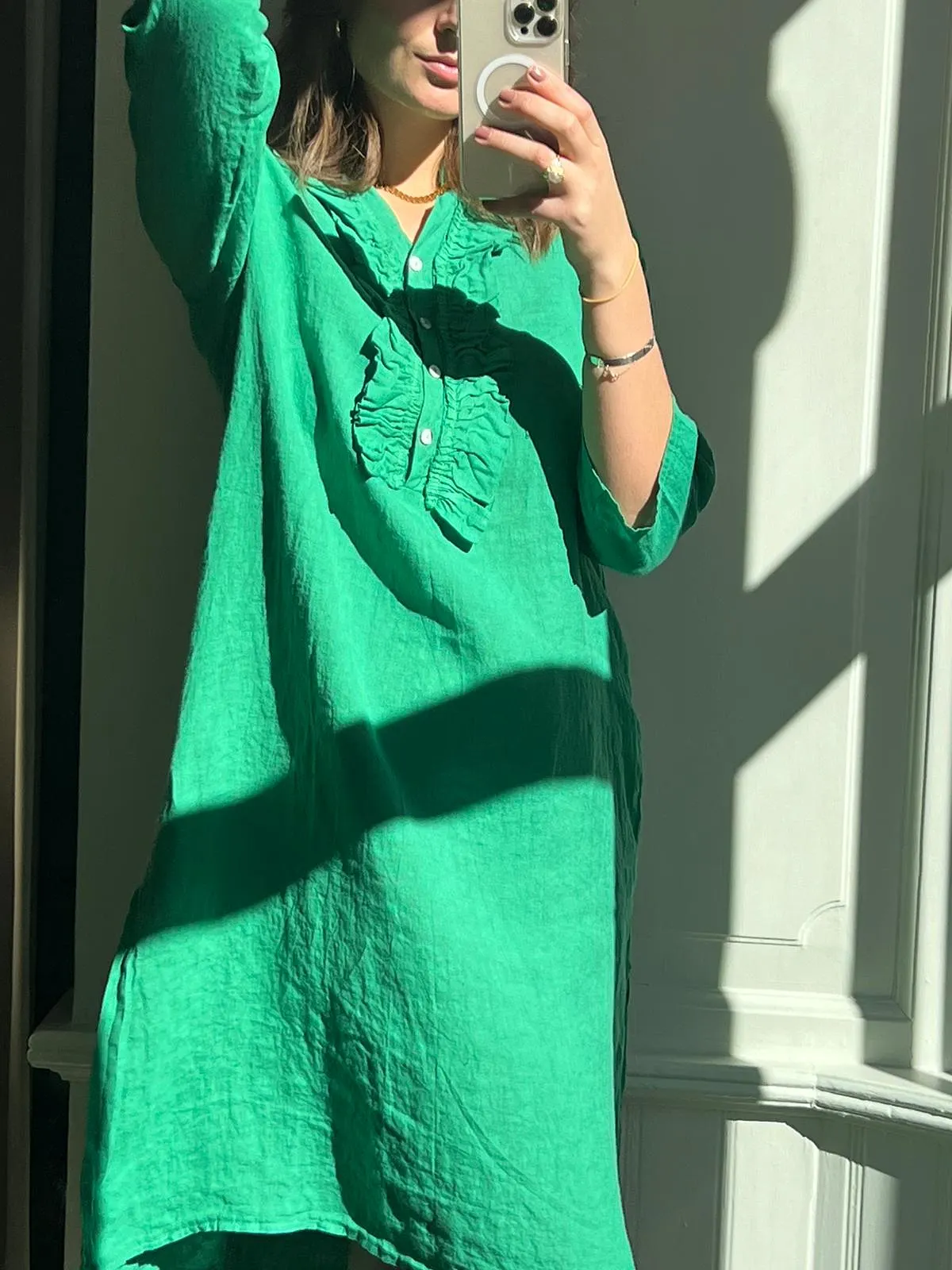 18970r, Long Shirt Dress Ruffle, Linen - Apple Green