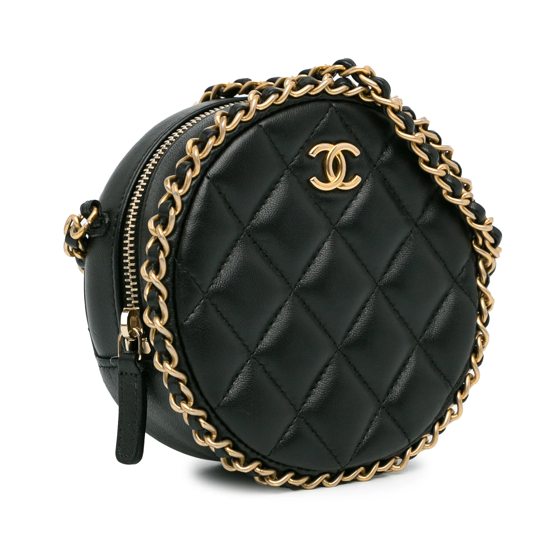 Chanel Cc Quilted Lambskin Round Chain Around Clutch With Chain