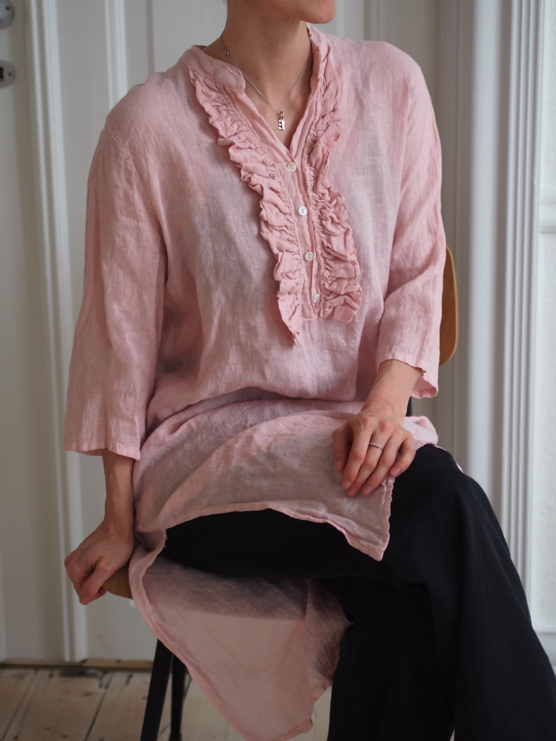 18970r, Long Shirt Dress Ruffle, Linen - New Rose