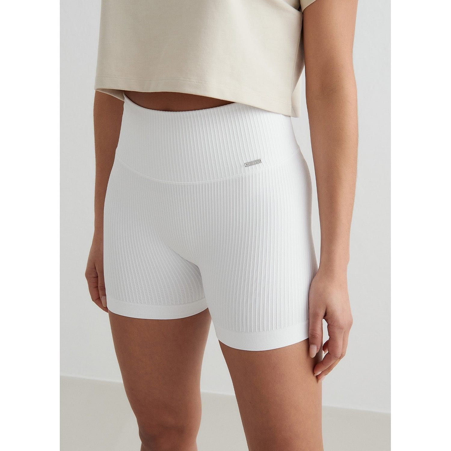 White Ribbed Midi Biker Shorts