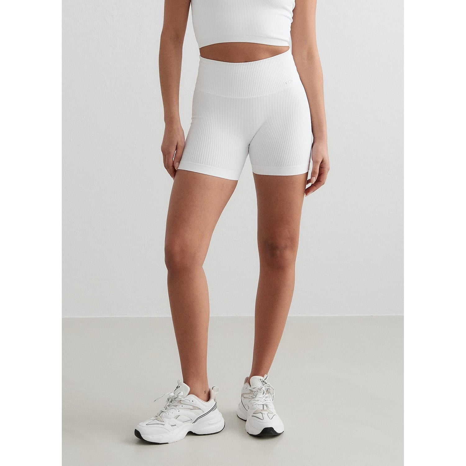 White Ribbed Midi Biker Shorts