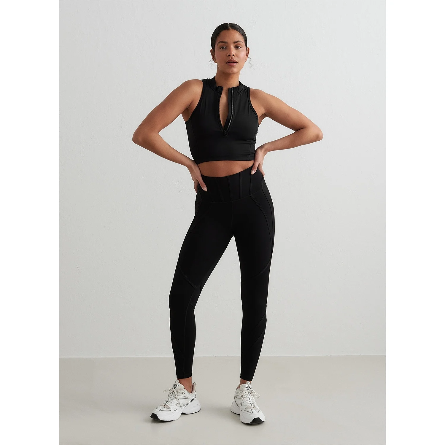 Black Sculpting Racer Front Zip Top