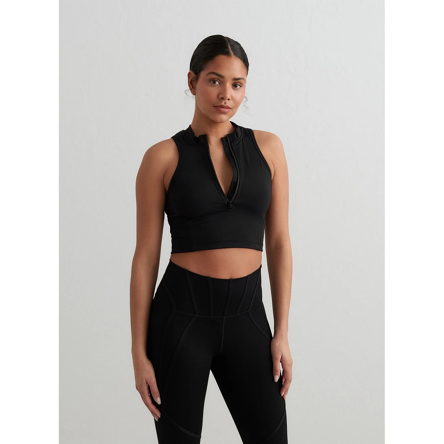 Black Sculpting Racer Front Zip Top