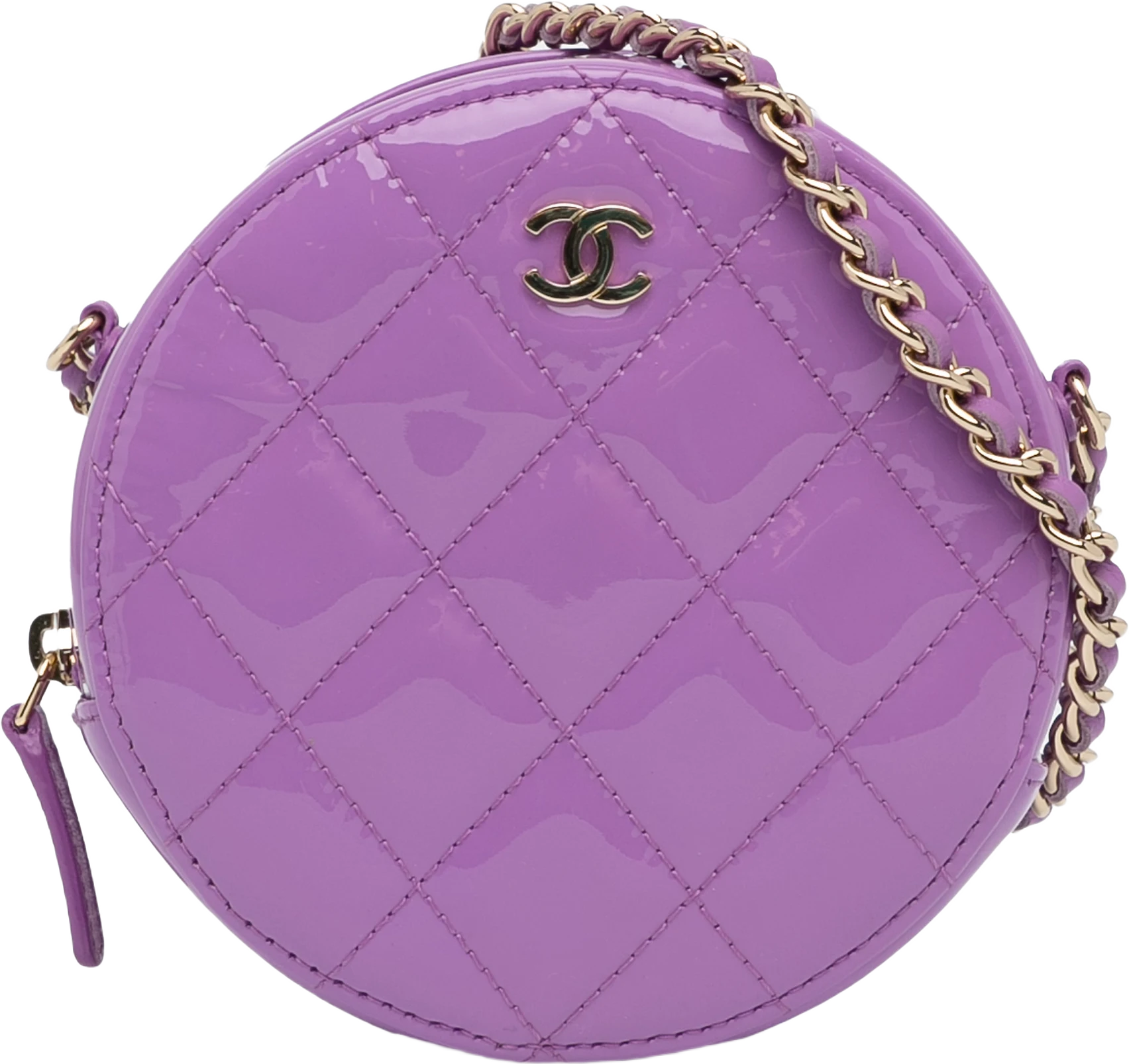 Chanel Cc Quilted Patent Round Clutch With Chain