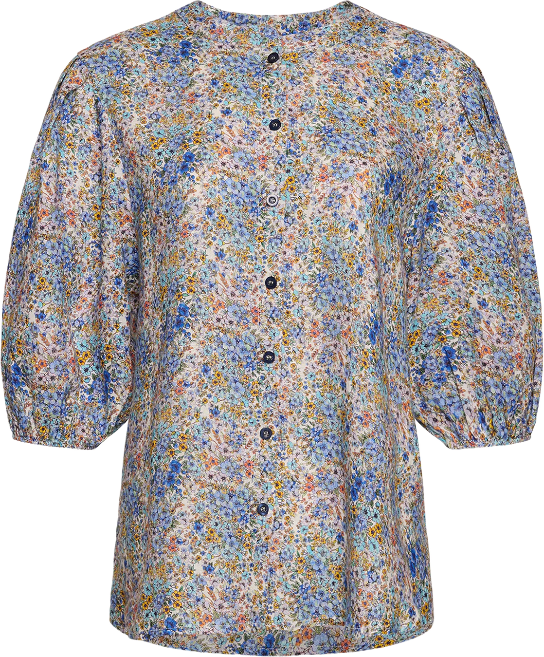 Clara Button Blouse Flower, Linen - Blue Flower