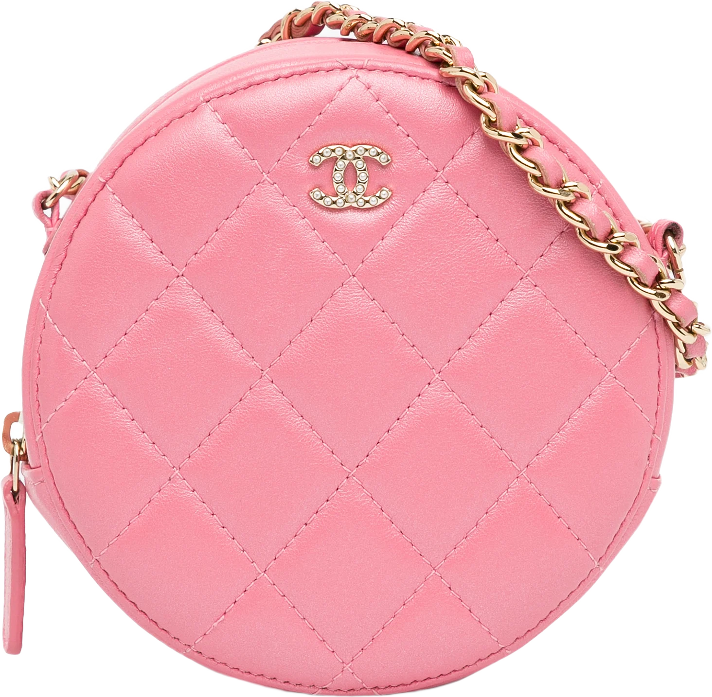 Chanel Cc Quilted Lambskin Round Pearl Clutch With Chain