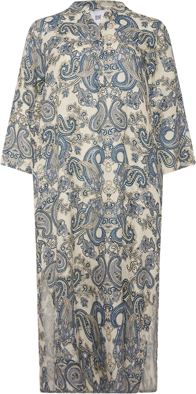 18970p,  Long Shirt Dress With Pocket, Paisley, Linen - Blue Paisley Print