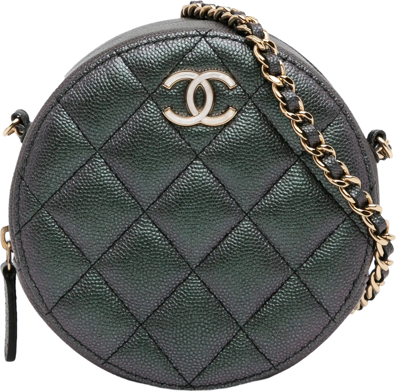 Chanel Quilted Iridescent Caviar Round Clutch With Chain