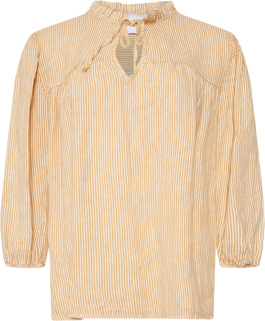 Ella, Frill Neck Blouse Stripe, Linen - New Camel Stripe