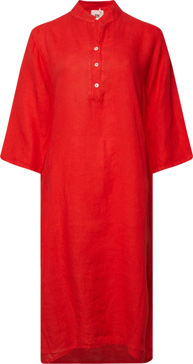 18970p,  Long Shirt Dress With Pocket, Linen - Warm Red