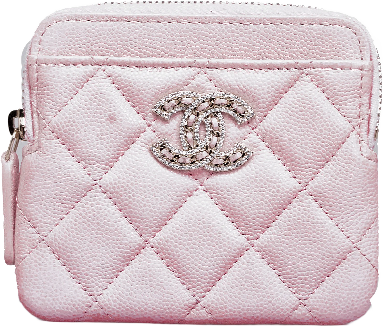 Chanel Caviar Cc Crystal Woven Square Zip Around Card Holder