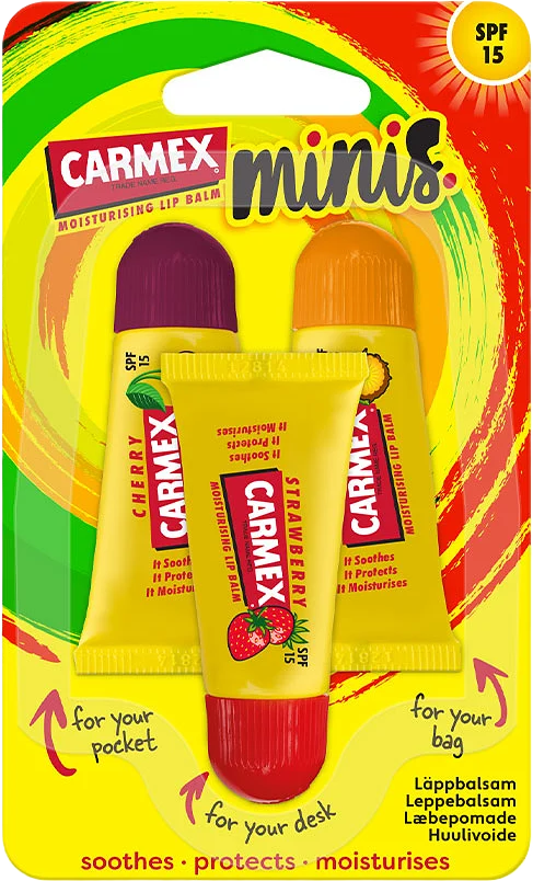 Carmex läppbalsam i minituber, 3 olika smaker