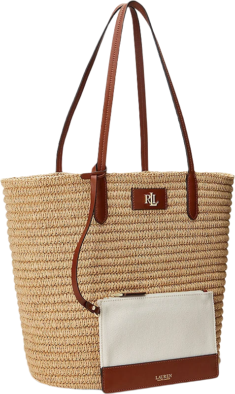 Leather-Trim Straw Large Brie Tote Bag