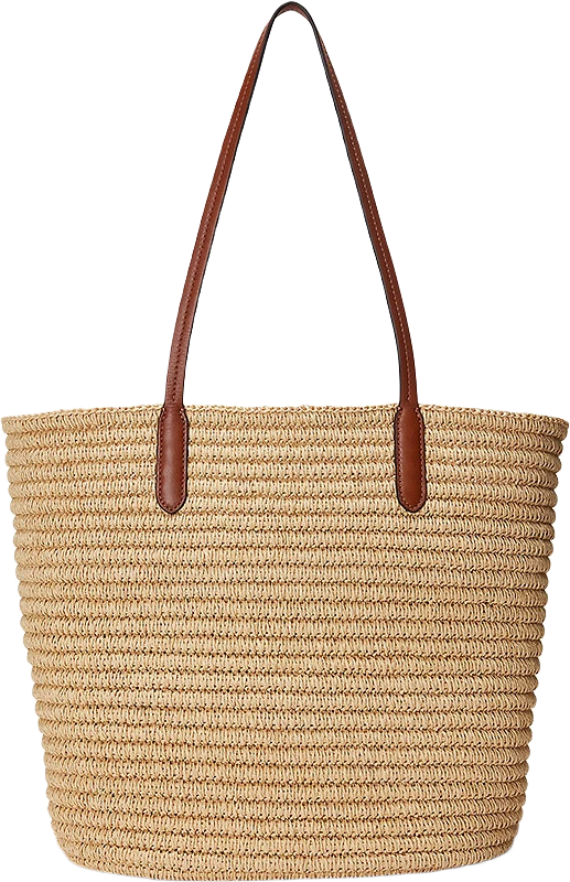 Leather-Trim Straw Large Brie Tote Bag