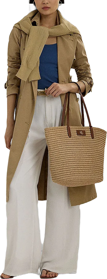 Leather-Trim Straw Large Brie Tote Bag