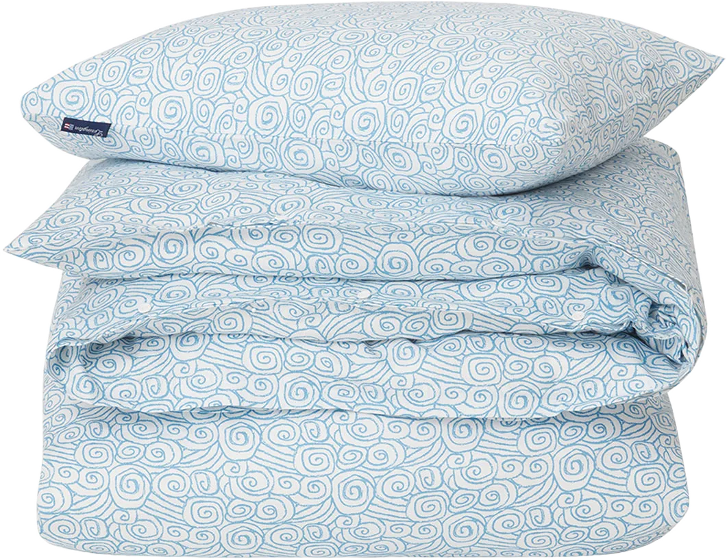 White/Blue Wave Printed Cotton Sateen Bed Set