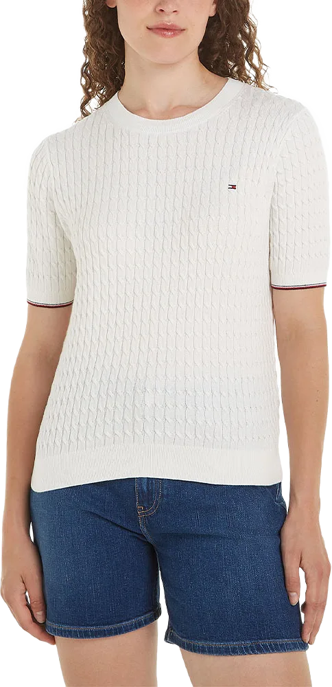 COTTON CABLE CREW NECK SHORT-SLEEVED SWEATER