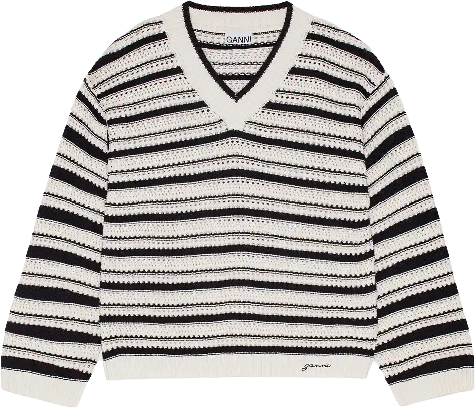 Striped Cotton Pointelle V-neck Jumper