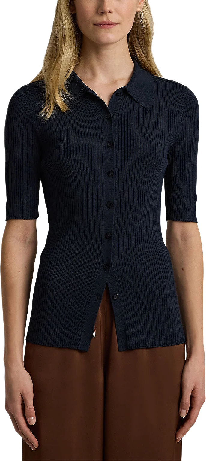 Rib-Knit Elbow-Sleeve Polo Cardigan