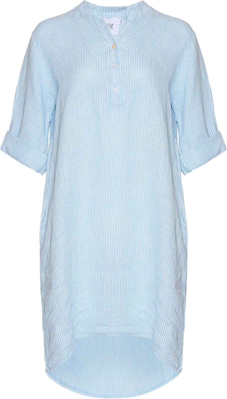 17690p, Long Shirt With Pocket, Striped, Linen - Light Blue Stripe