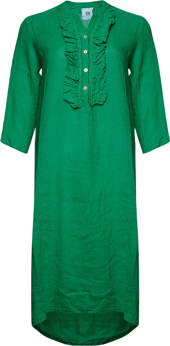 18970r, Long Shirt Dress Ruffle, Linen - Apple Green