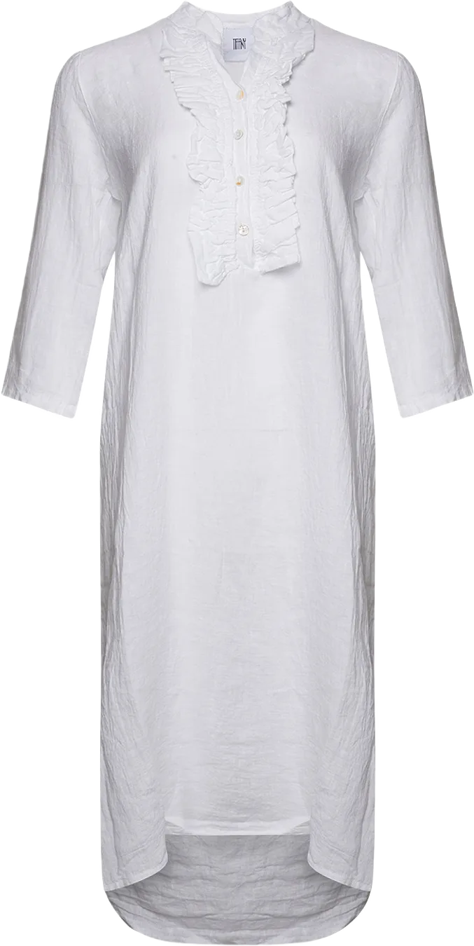 18970r, Long Shirt Dress Ruffle, Linen - White