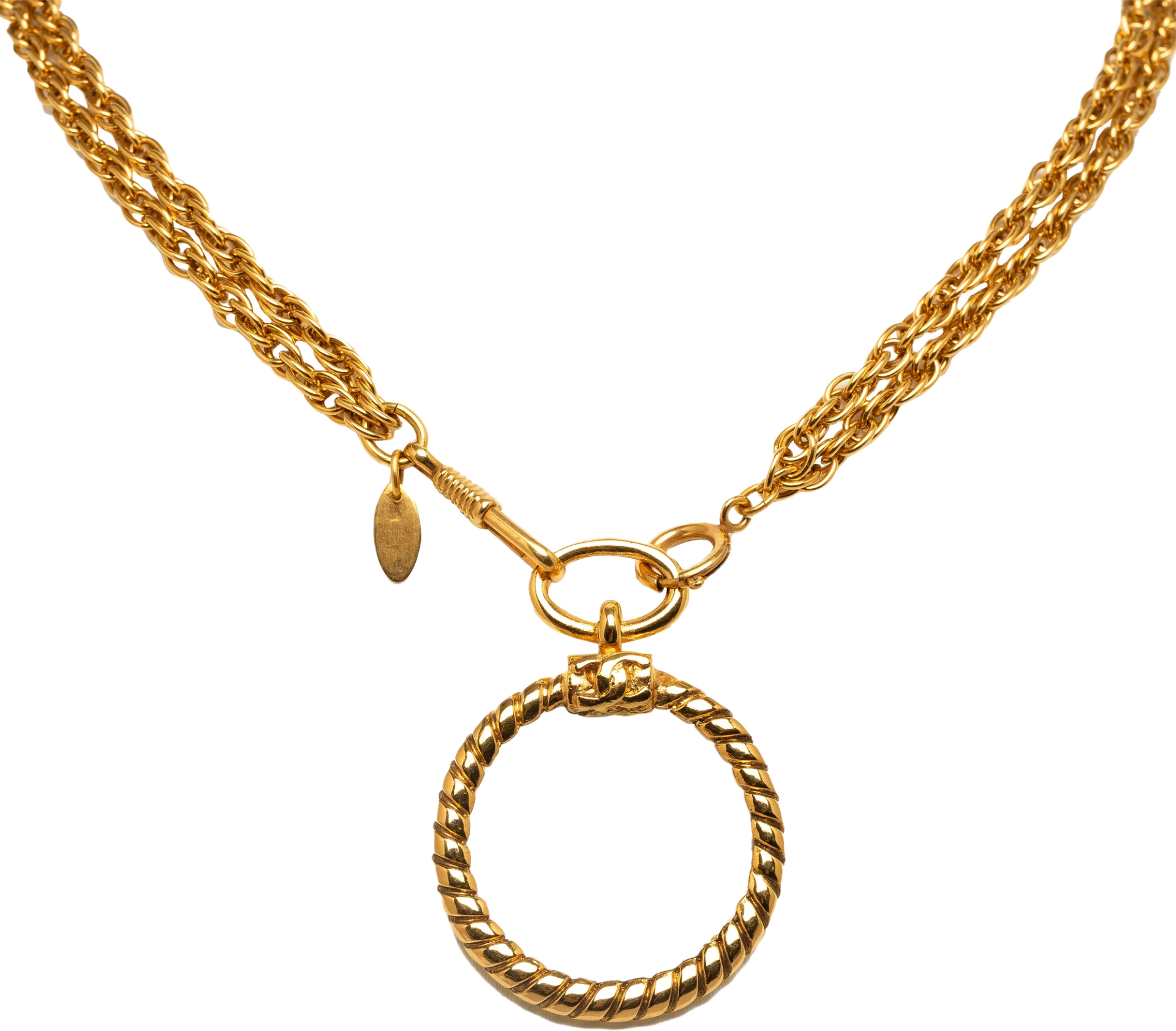 Chanel Gold Plated Double Chain Loupe Magnifying Glass Pendant Necklace