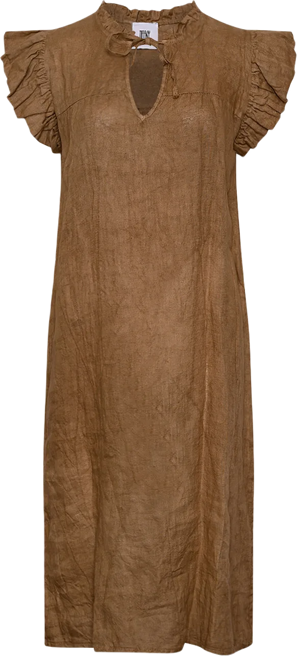 Etta, Frill Dress, Linen - Light Brown