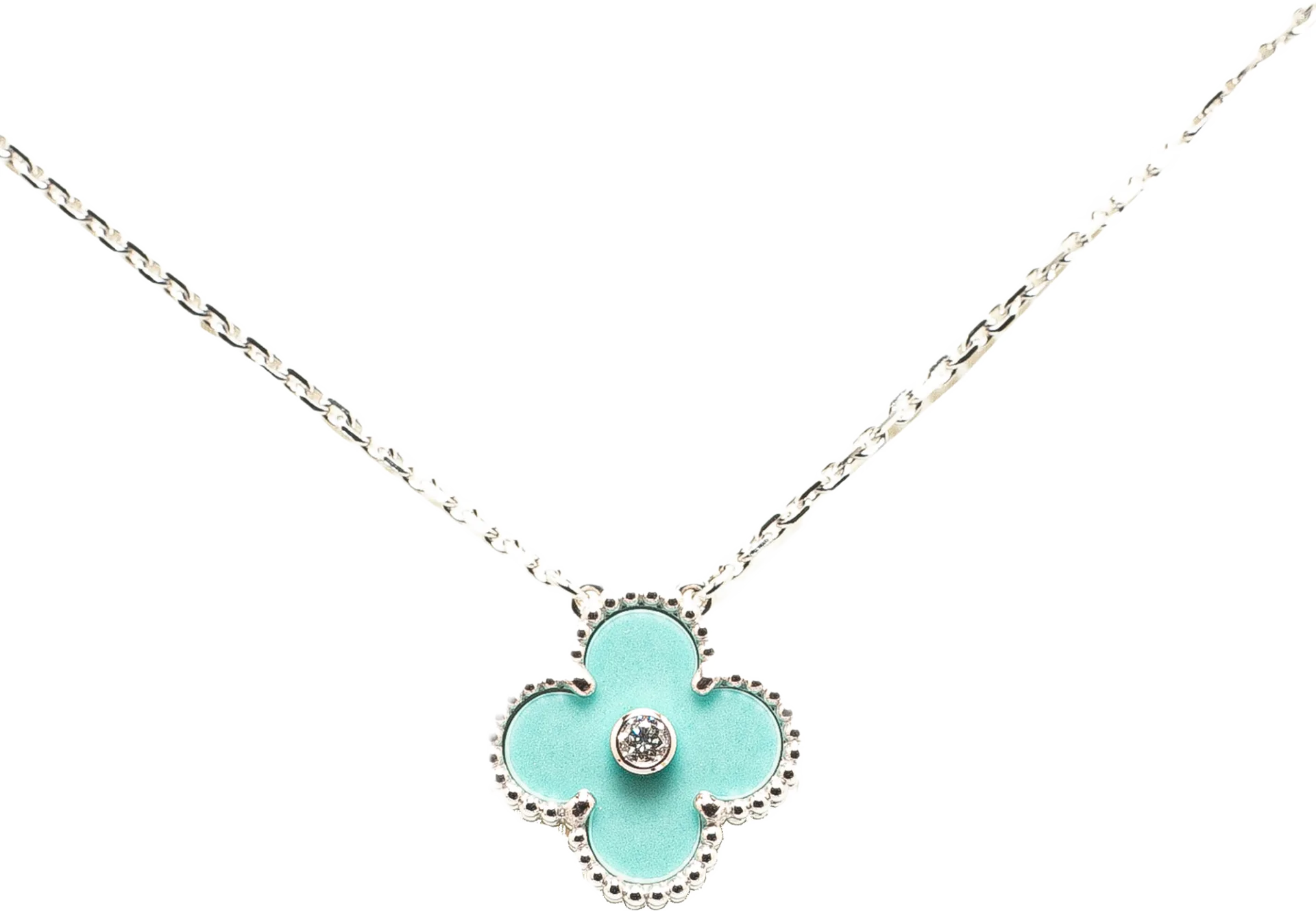 Van Cleef And Arpels Holiday 18k White Gold Diamond With Celadon Alhambra Pendant Necklace