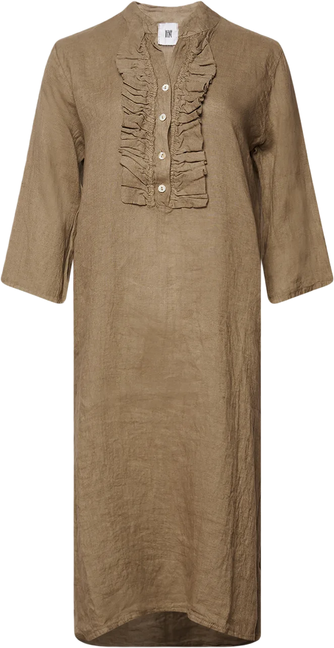 18970r, Long Shirt Dress Ruffle, Linen - Nougat