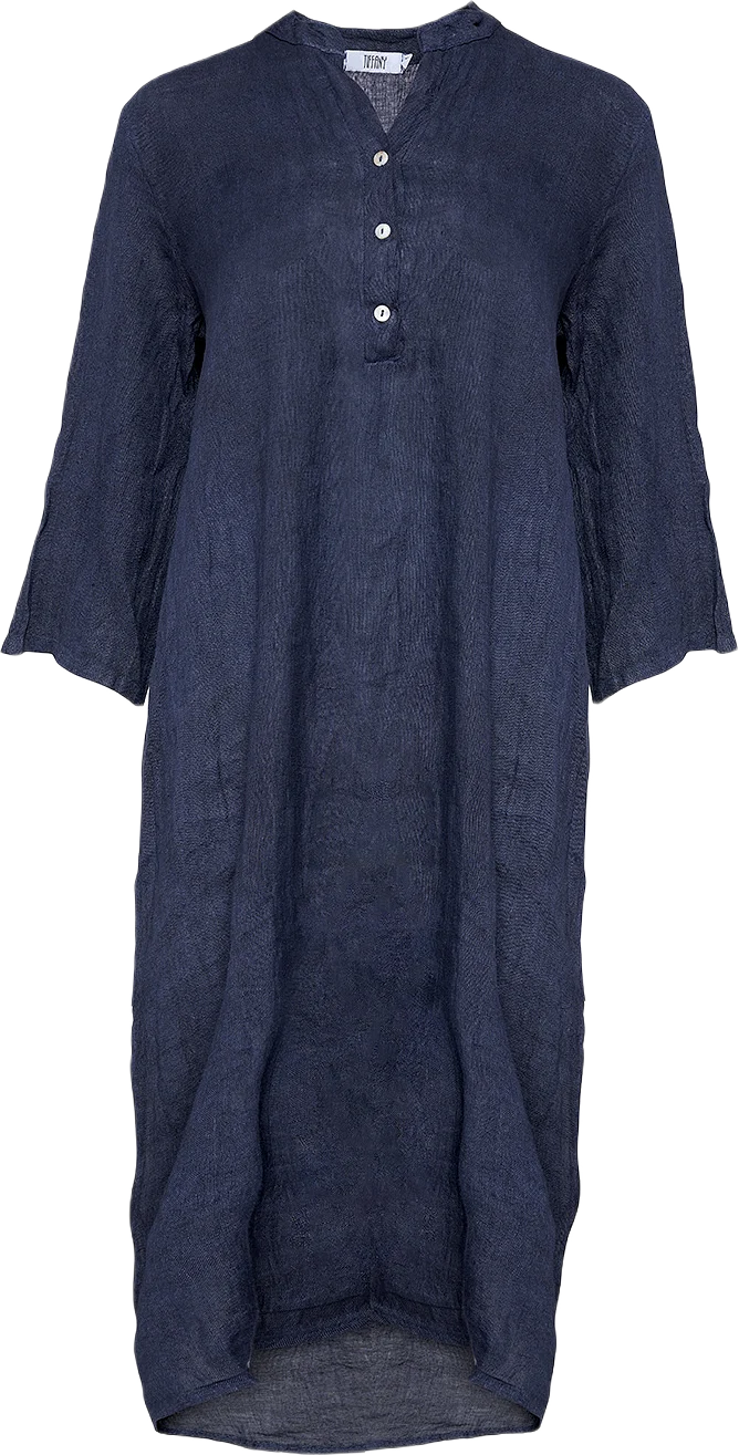 18970p,  Long Shirt Dress With Pocket, Linen - Blue Navy