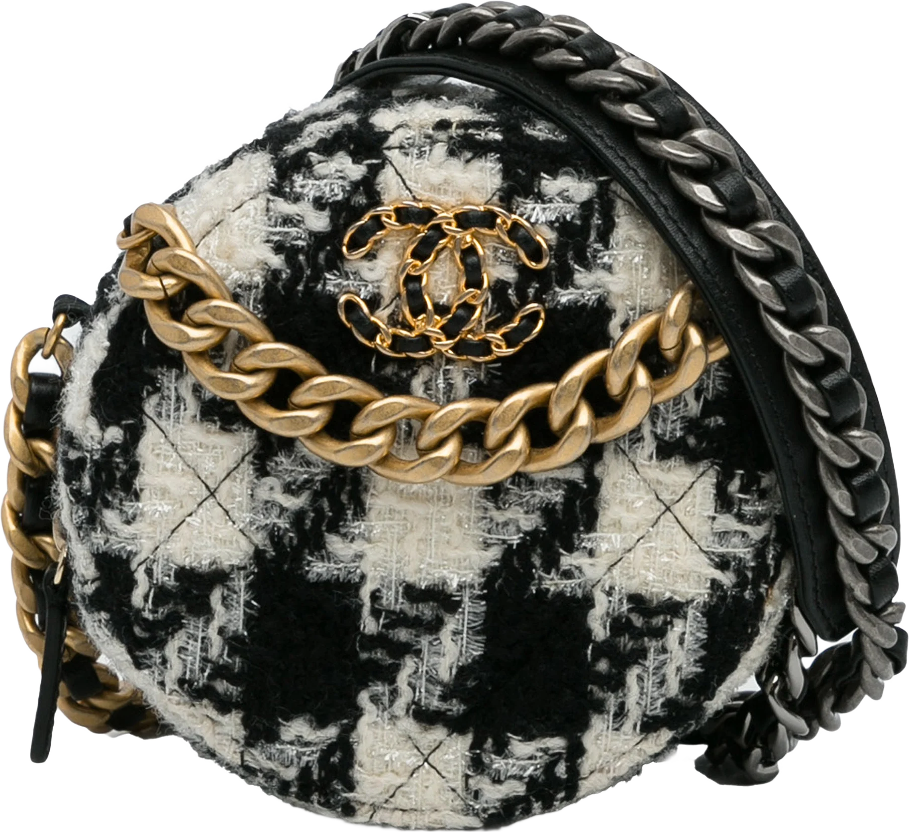 Chanel Round Tweed 19 Clutch With Chain And Lambskin Coin Purse