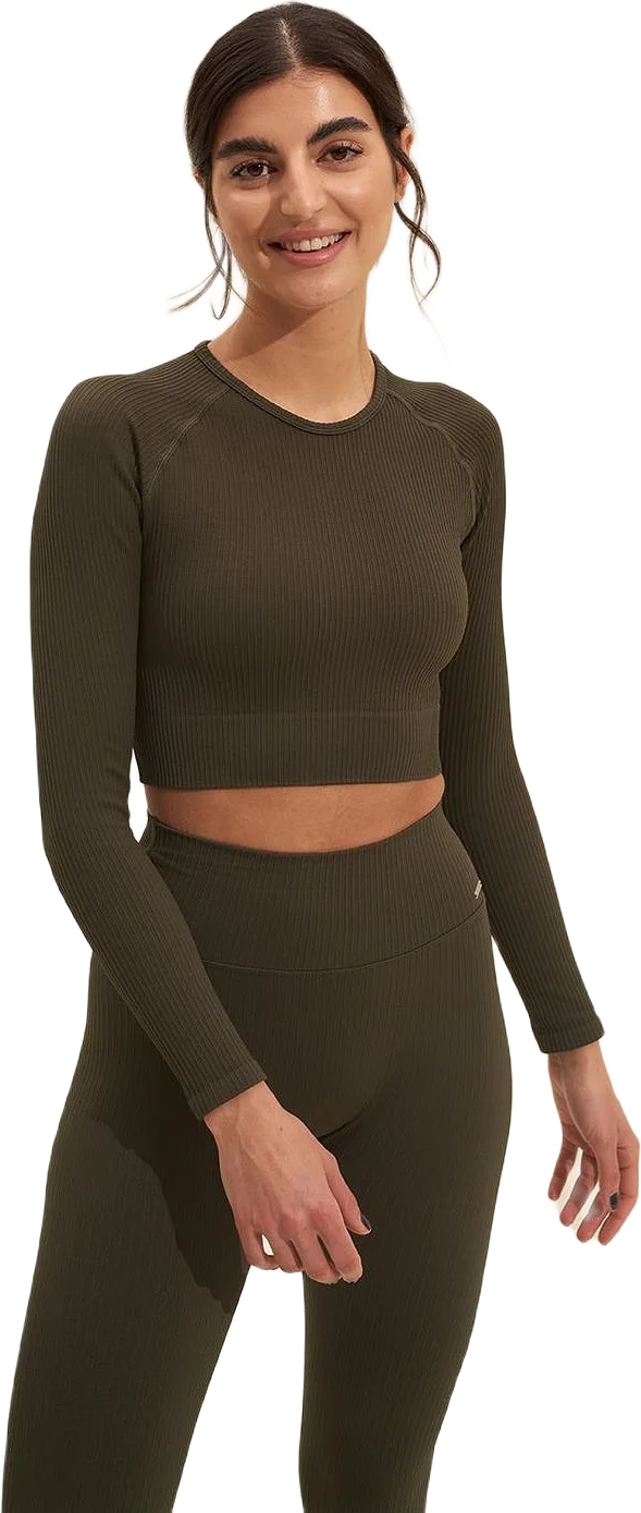 Khaki Ribbed Seamless Crop Long Sleeve