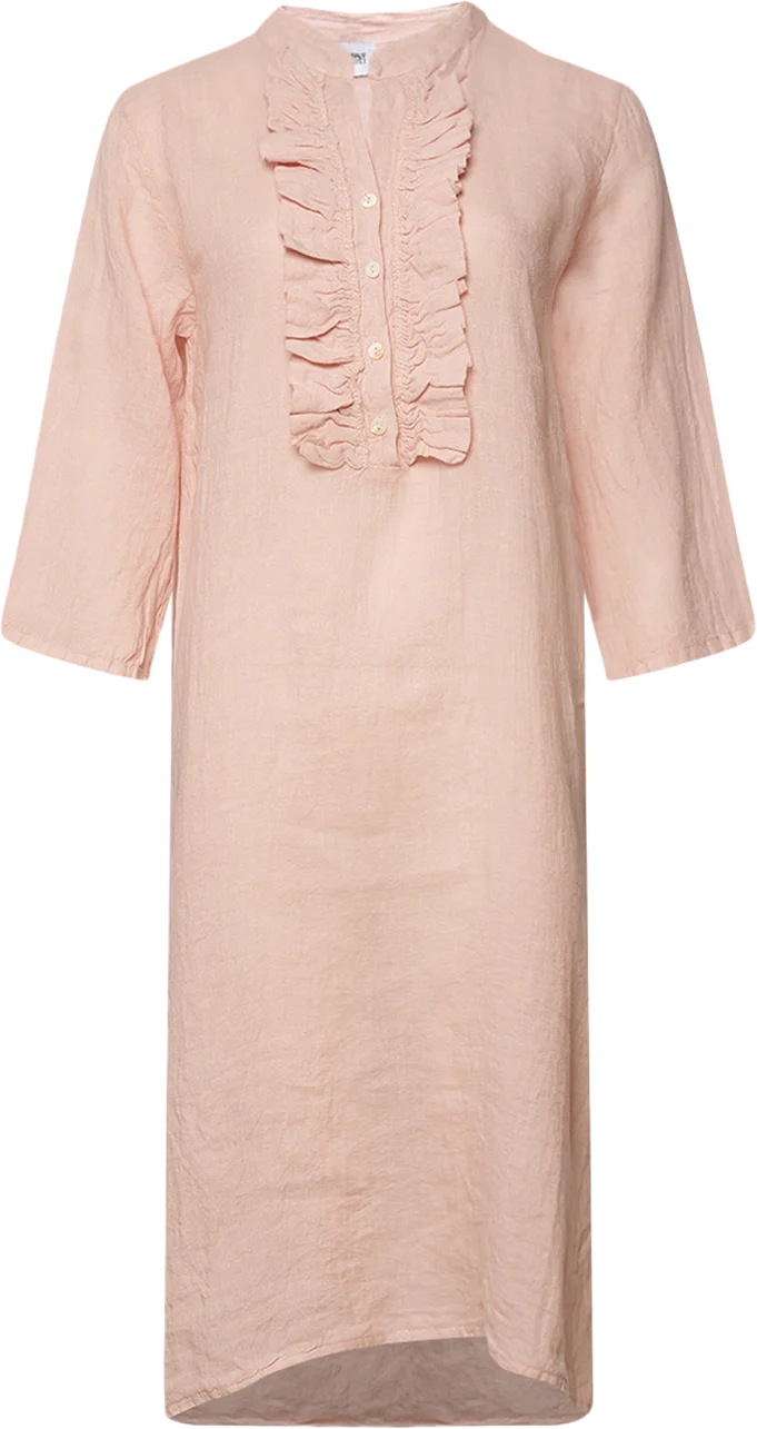 18970r, Long Shirt Dress Ruffle, Linen - New Rose