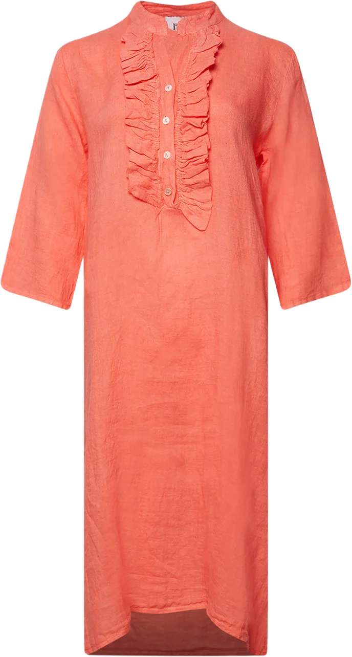 18970r, Long Shirt Dress Ruffle, Linen - Water Melon