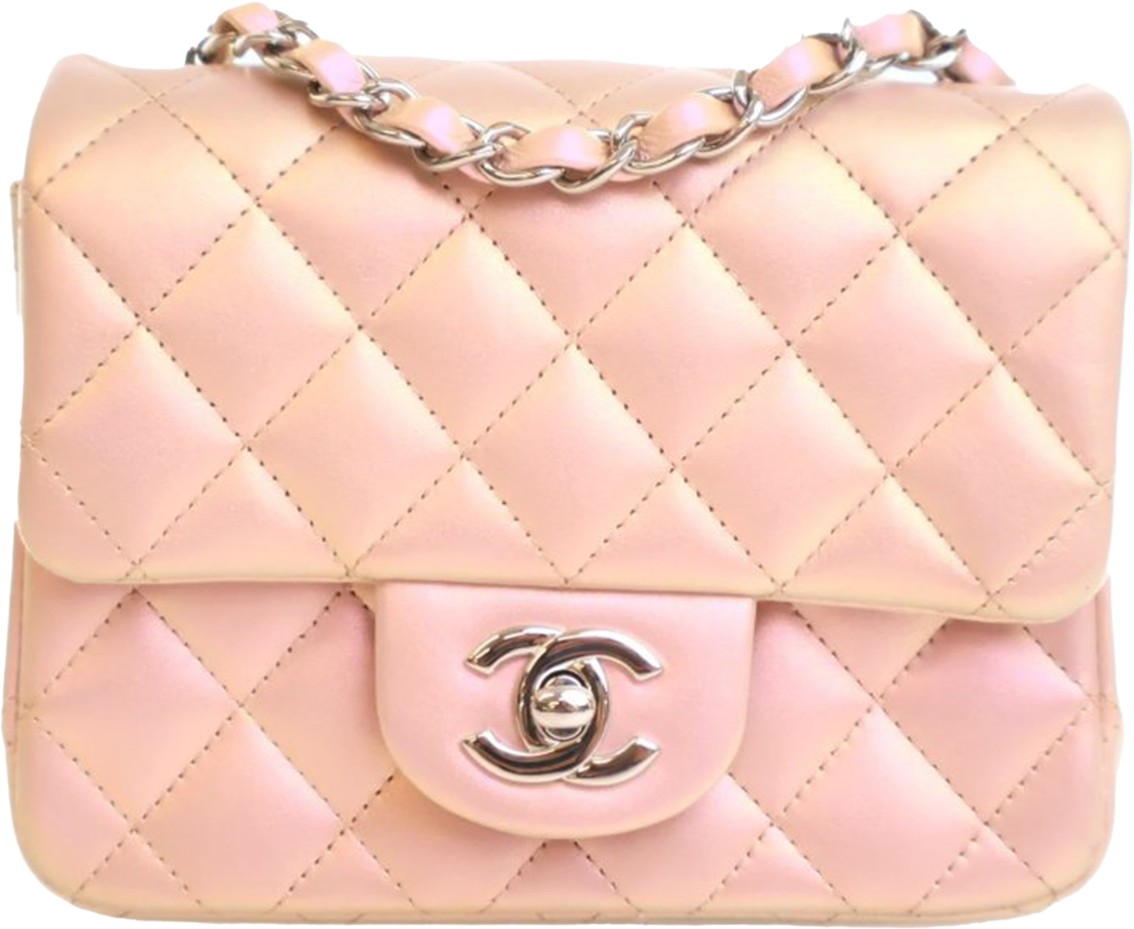 Chanel Mini Square Classic Iridescent Calfskin Single Flap, från Luxclusif, i färgen pink. Klicka för att öppna bilden i stort format