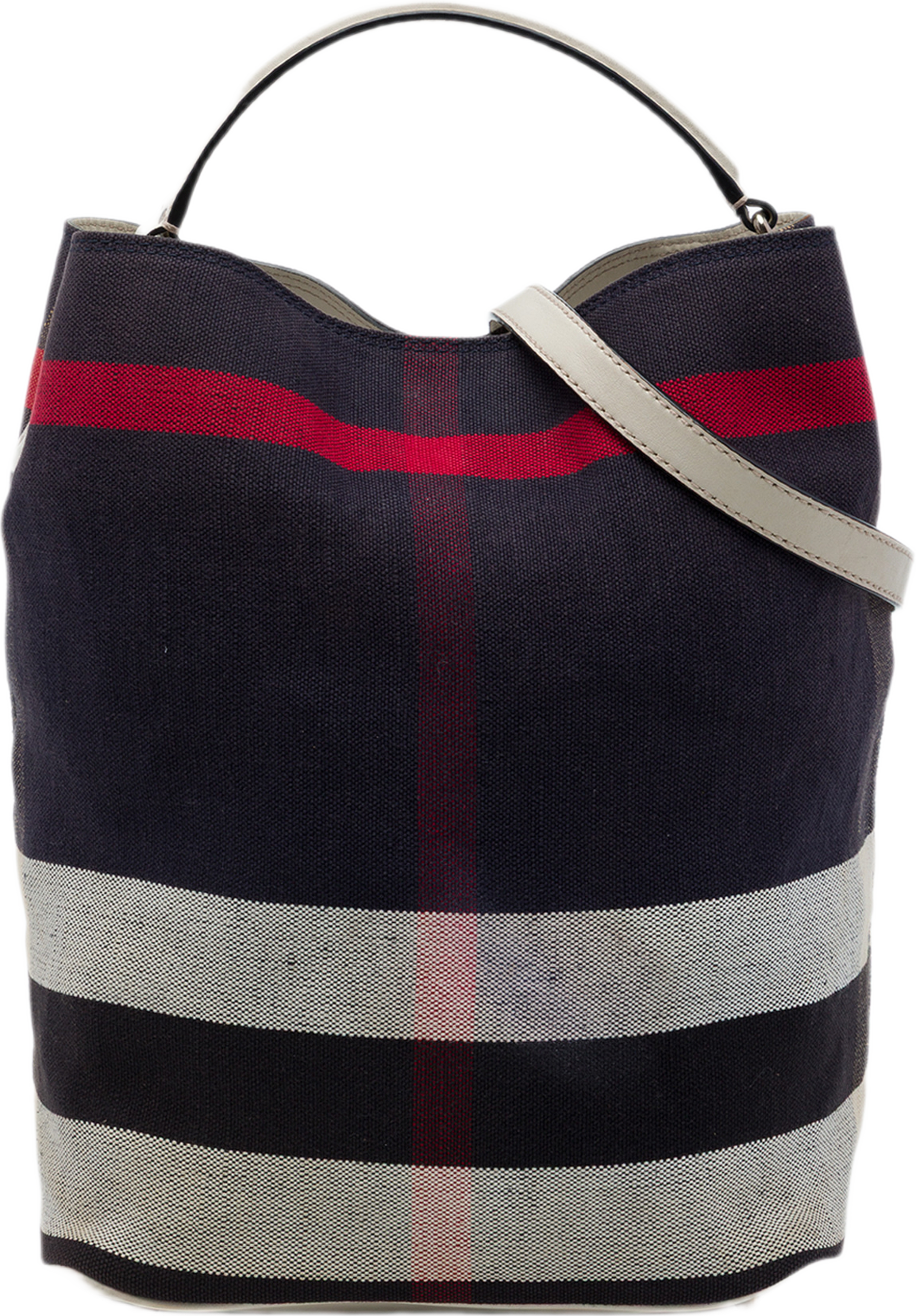 Burberry Medium Mega Check Canvas Ashby Bucket Bag, från Luxclusif, i färgen blå. Klicka för att öppna bilden i stort format
