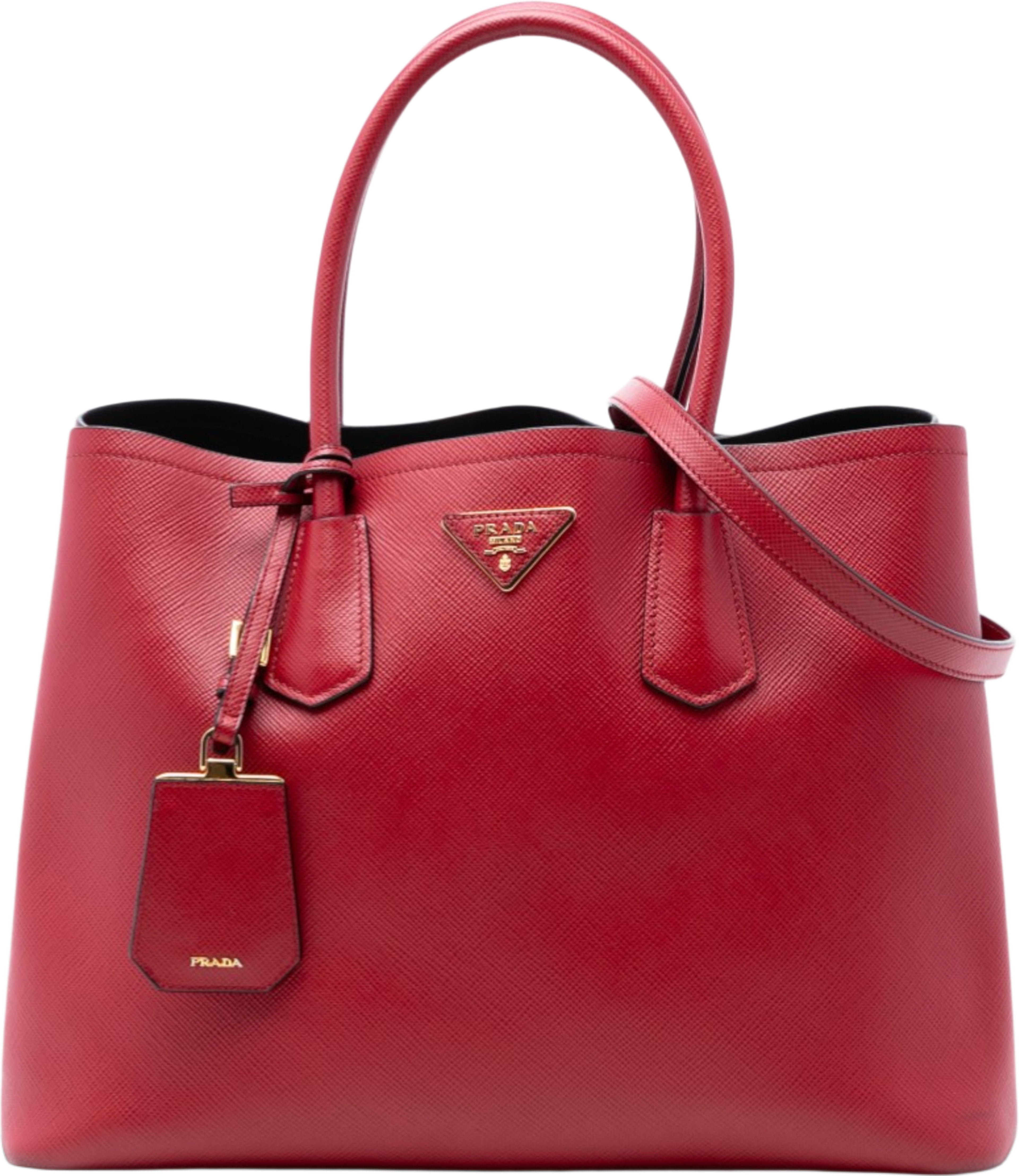 Prada Medium Saffiano Cuir Double Satchel, från Luxclusif, i färgen red. Klicka för att öppna bilden i stort format