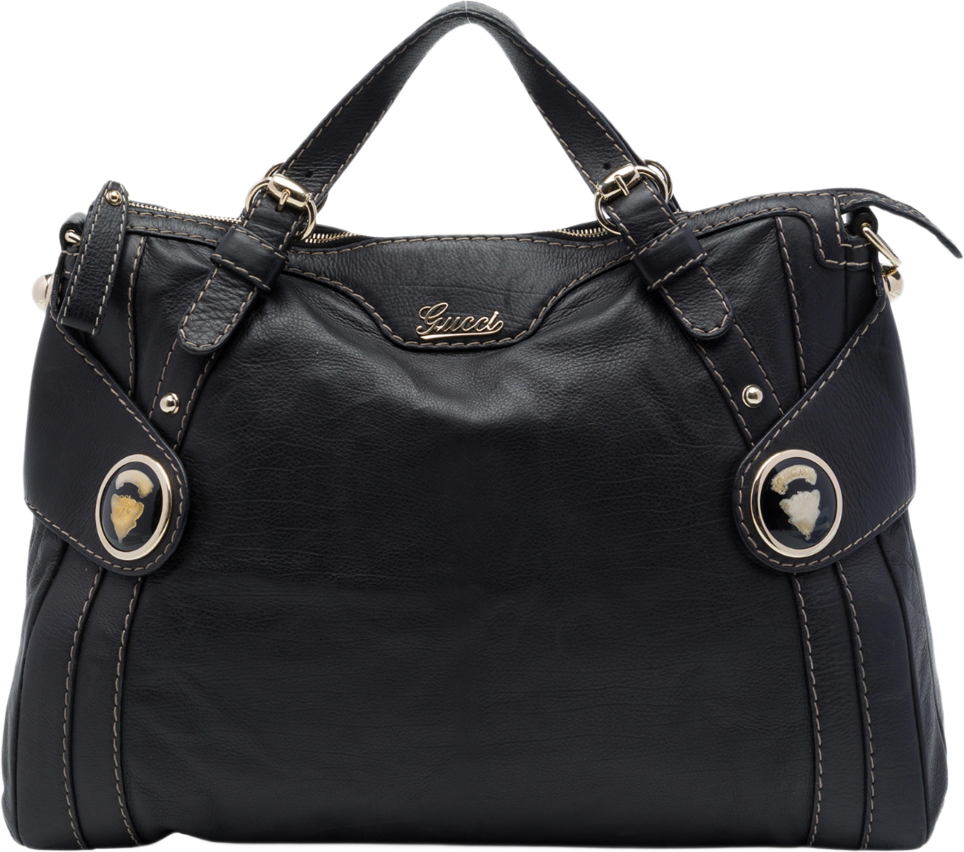 Gucci Calfskin Crest Boule Top Handle Bag, från Luxclusif, i färgen svart. Klicka för att öppna bilden i stort format
