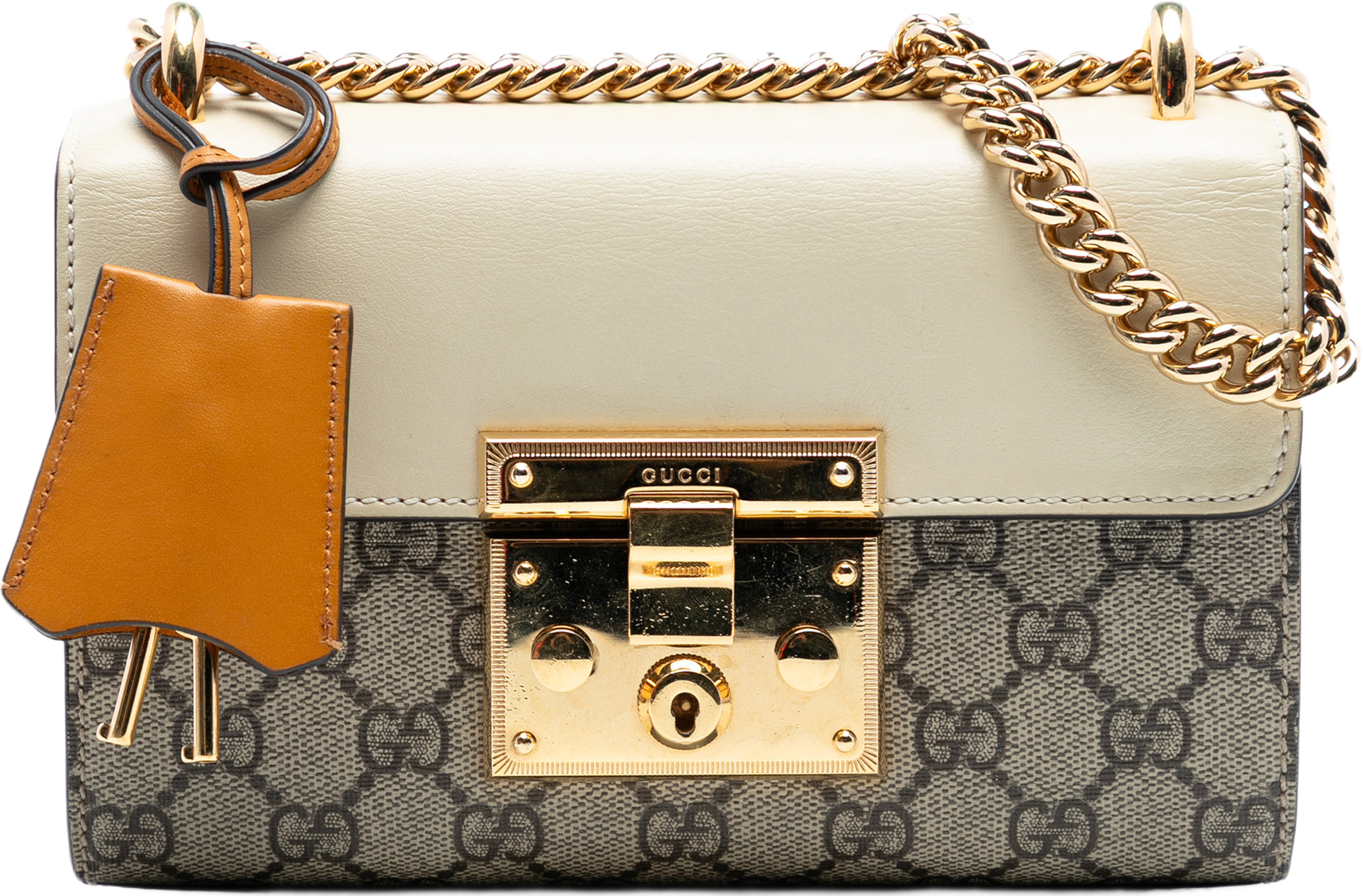 Gucci Small Gg Supreme Padlock Crossbody, från Luxclusif, i färgen beige. Klicka för att öppna bilden i stort format