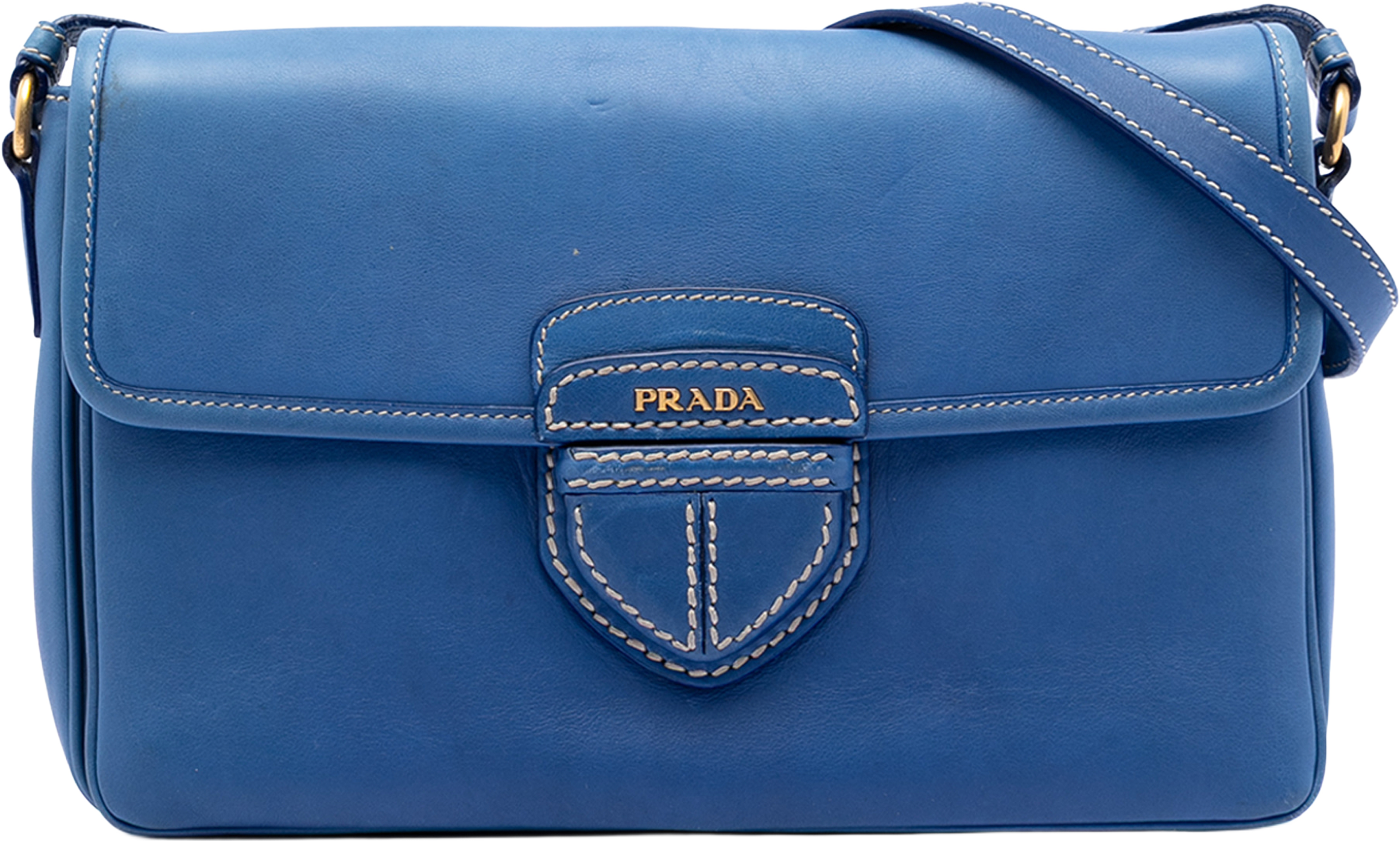 Prada City Calf Push Lock Flap Crossbody, från Luxclusif, i färgen blue. Klicka för att öppna bilden i stort format