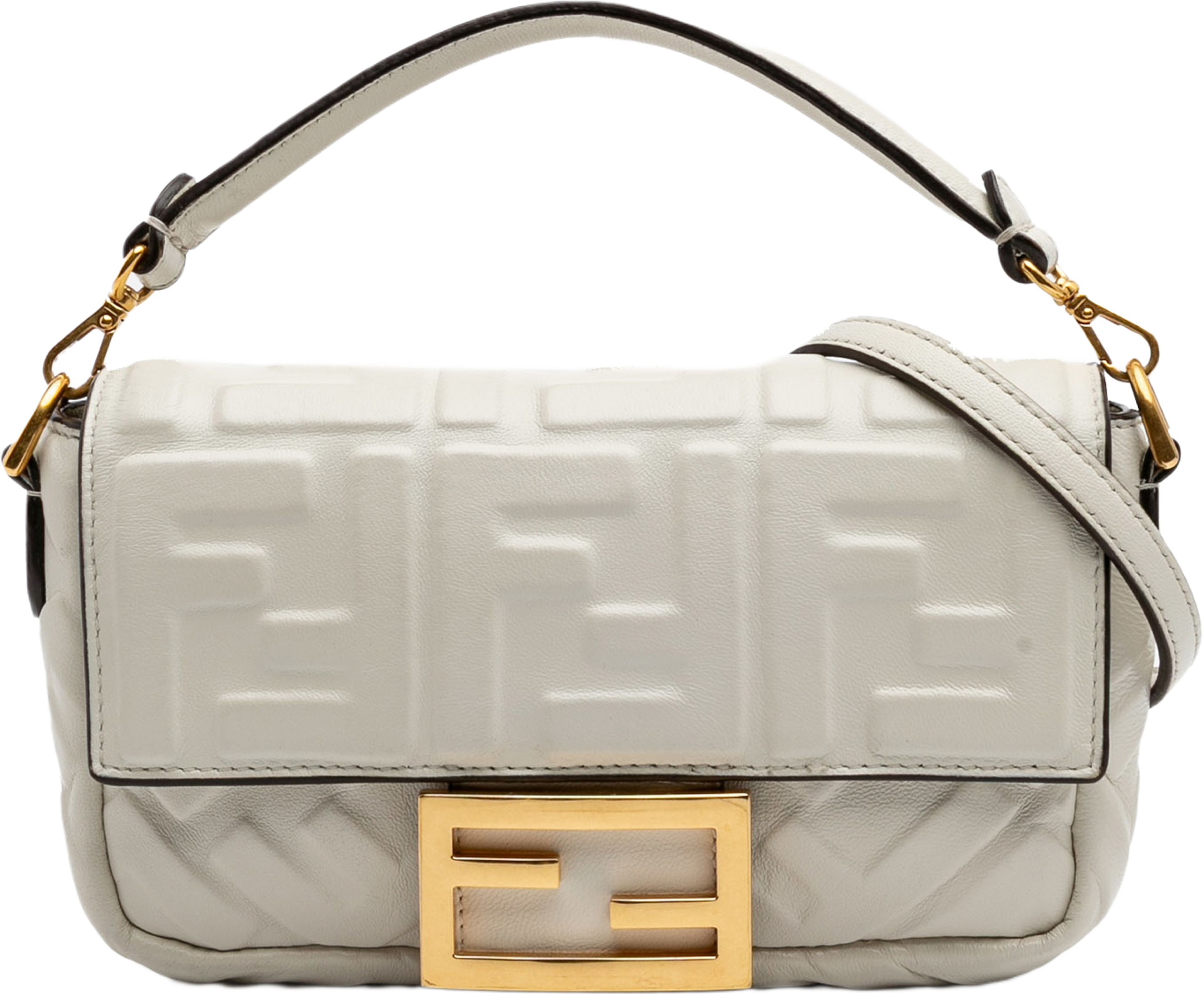 Fendi Mini Zucca Embossed Leather Baguette Satchel, från Luxclusif, i färgen white. Klicka för att öppna bilden i stort format