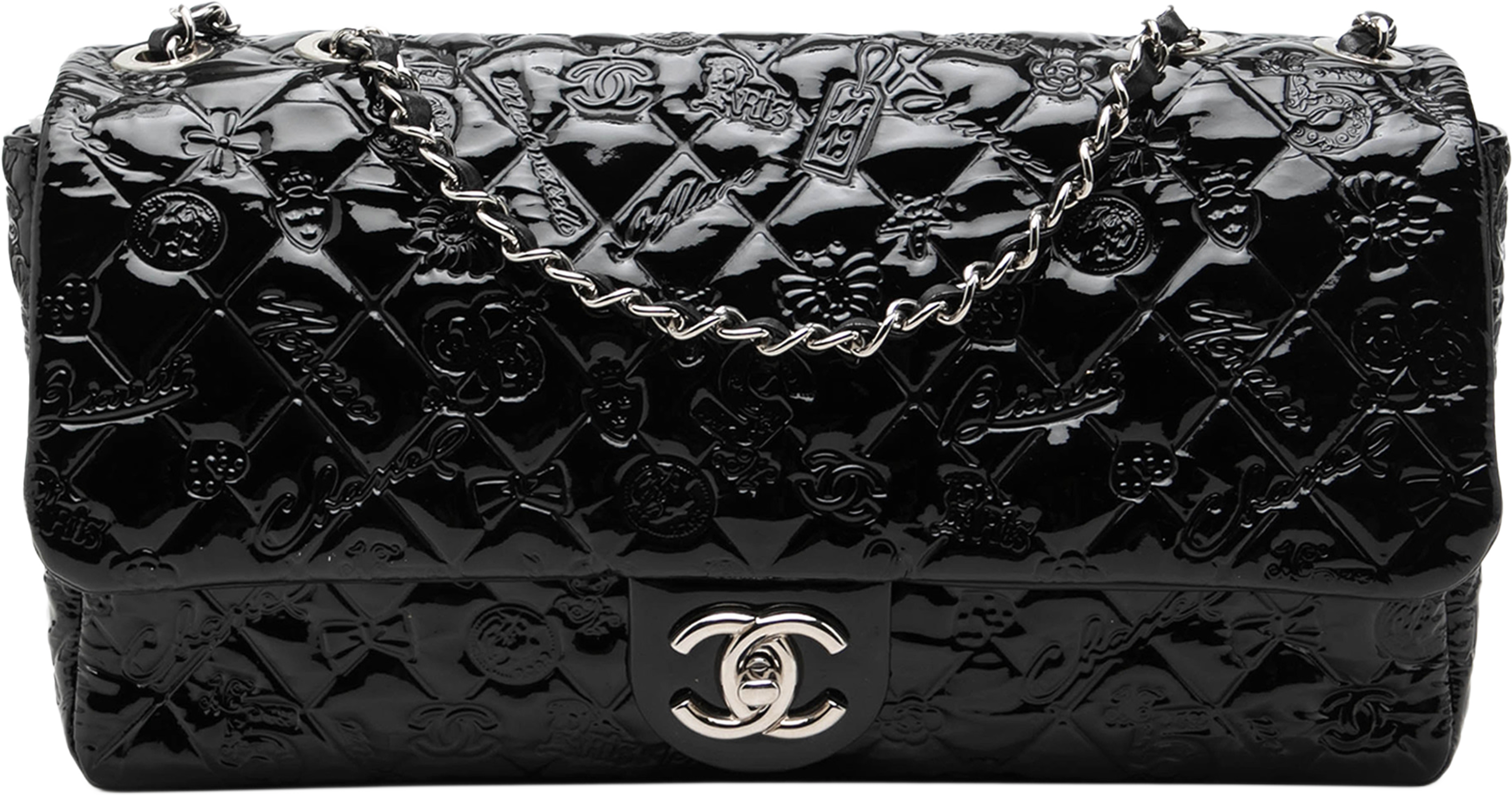 Chanel Jumbo Patent Embossed Lucky Symbols Flap, från Luxclusif, i färgen svart. Klicka för att öppna bilden i stort format
