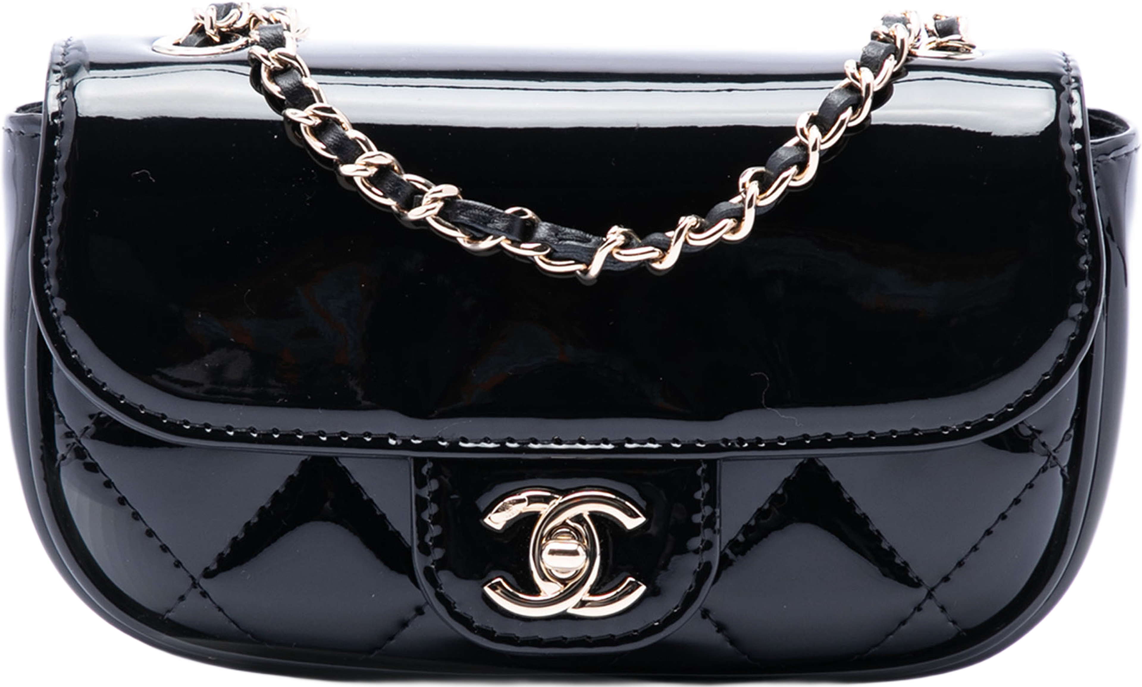 Chanel Mini Cc Quilted Patent Single Flap, från Luxclusif, i färgen black. Klicka för att öppna bilden i stort format