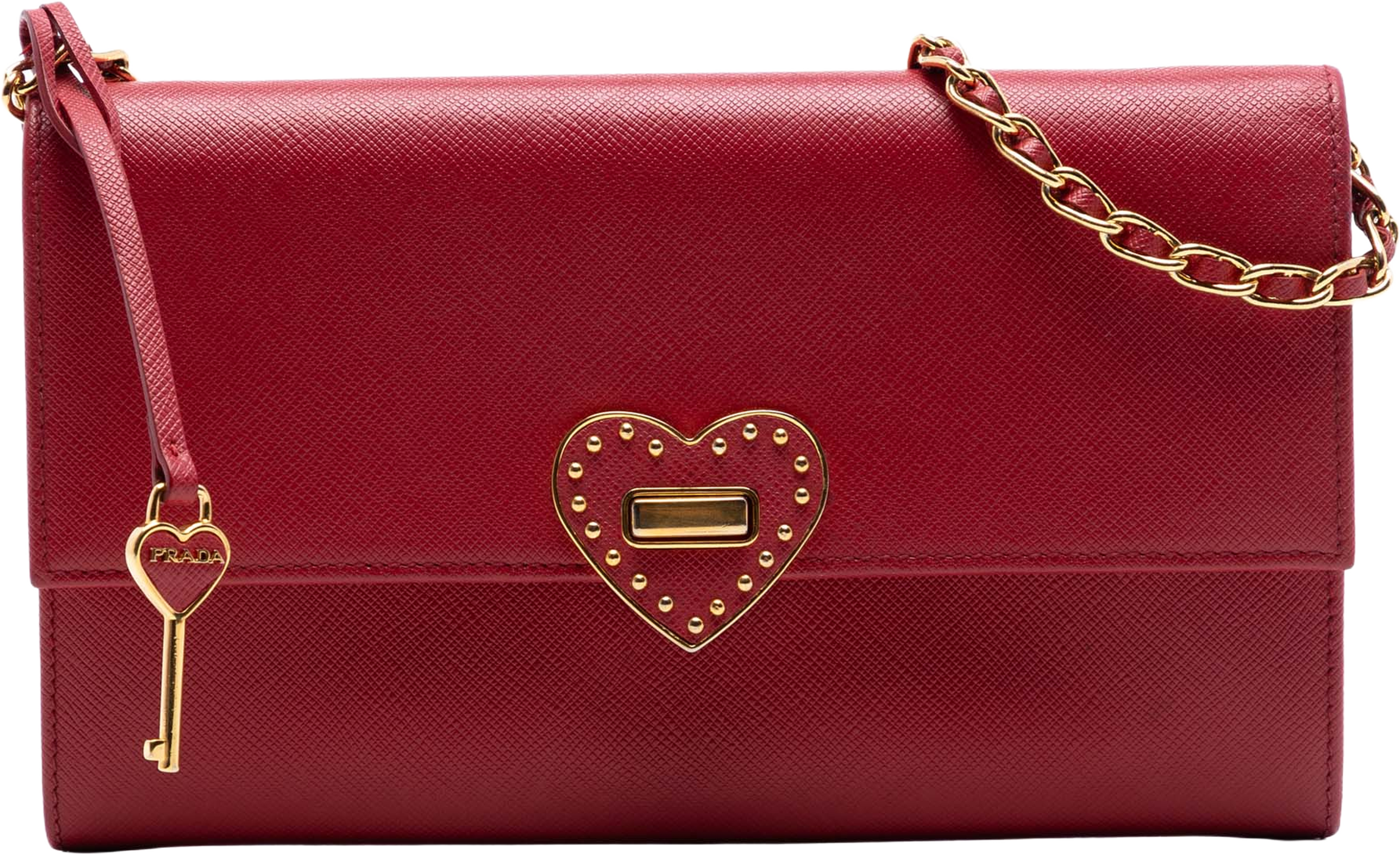 Prada Saffiano Heart Wallet On Chain, från Luxclusif, i färgen red. Klicka för att öppna bilden i stort format