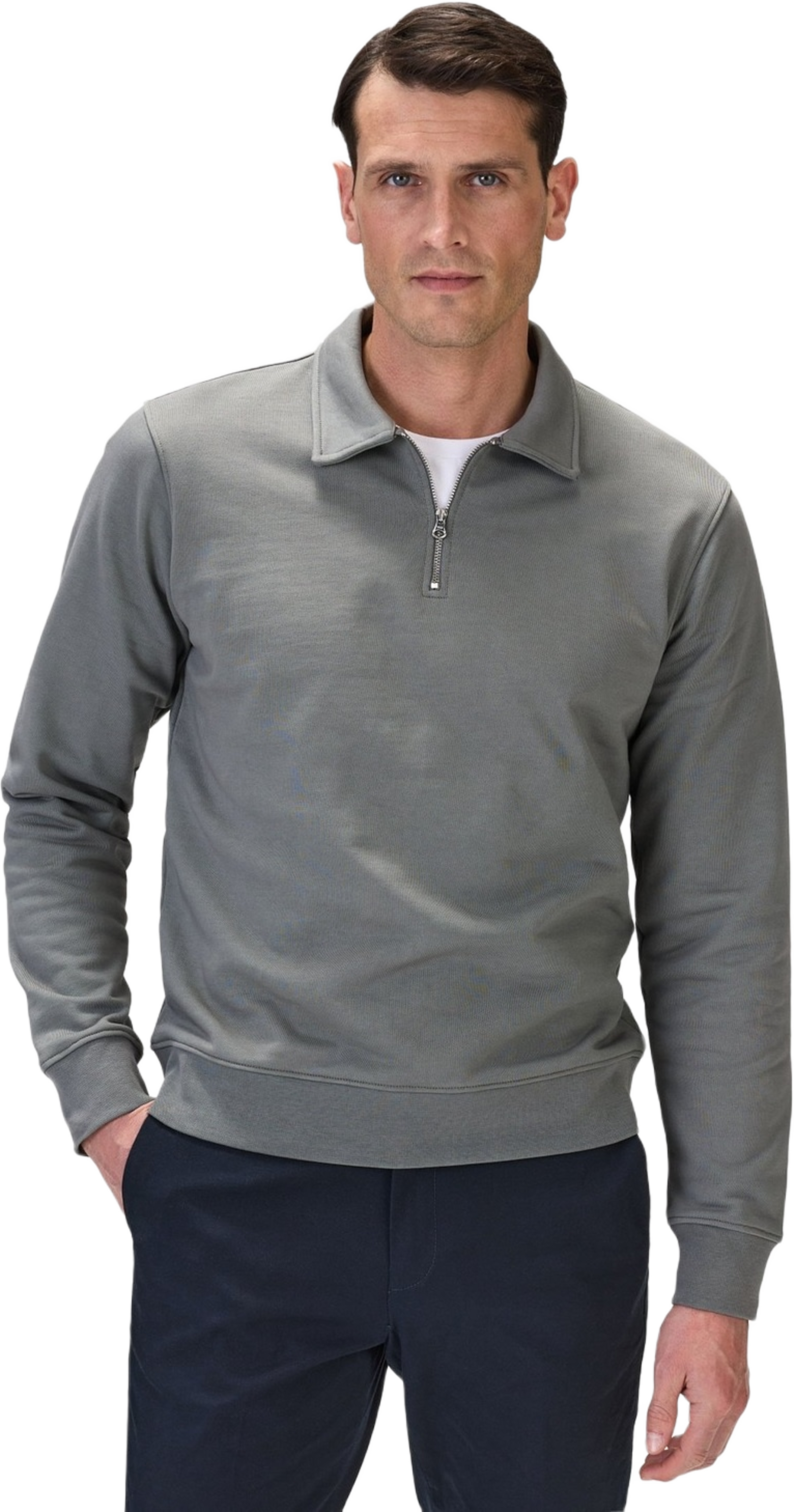 Cotton L/s Jersey Polo Collar Sweater W/ Zip