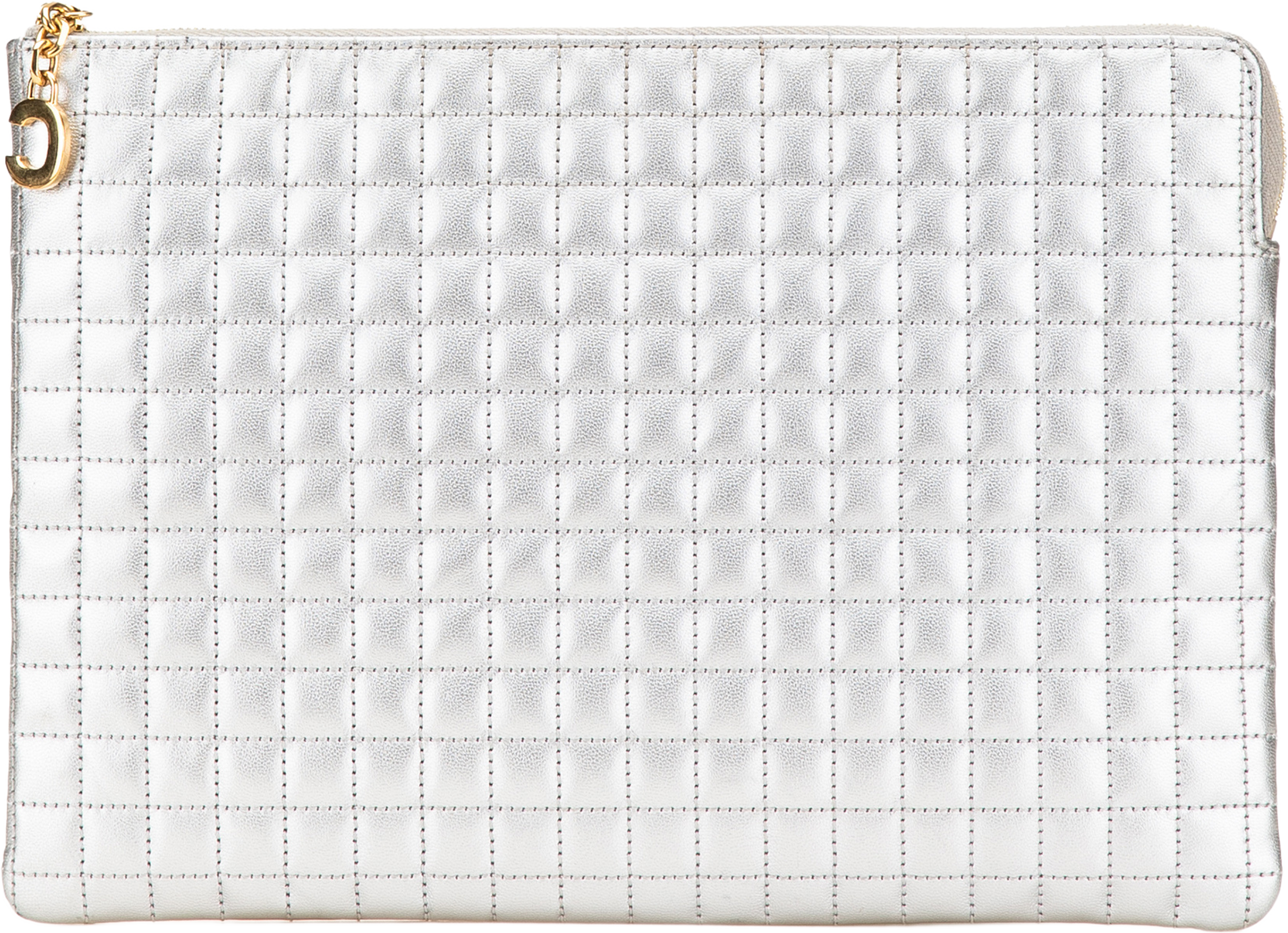 Celine Quilted Metallic Calfskin C Charm Pouch, från Luxclusif, i färgen silver. Klicka för att öppna bilden i stort format