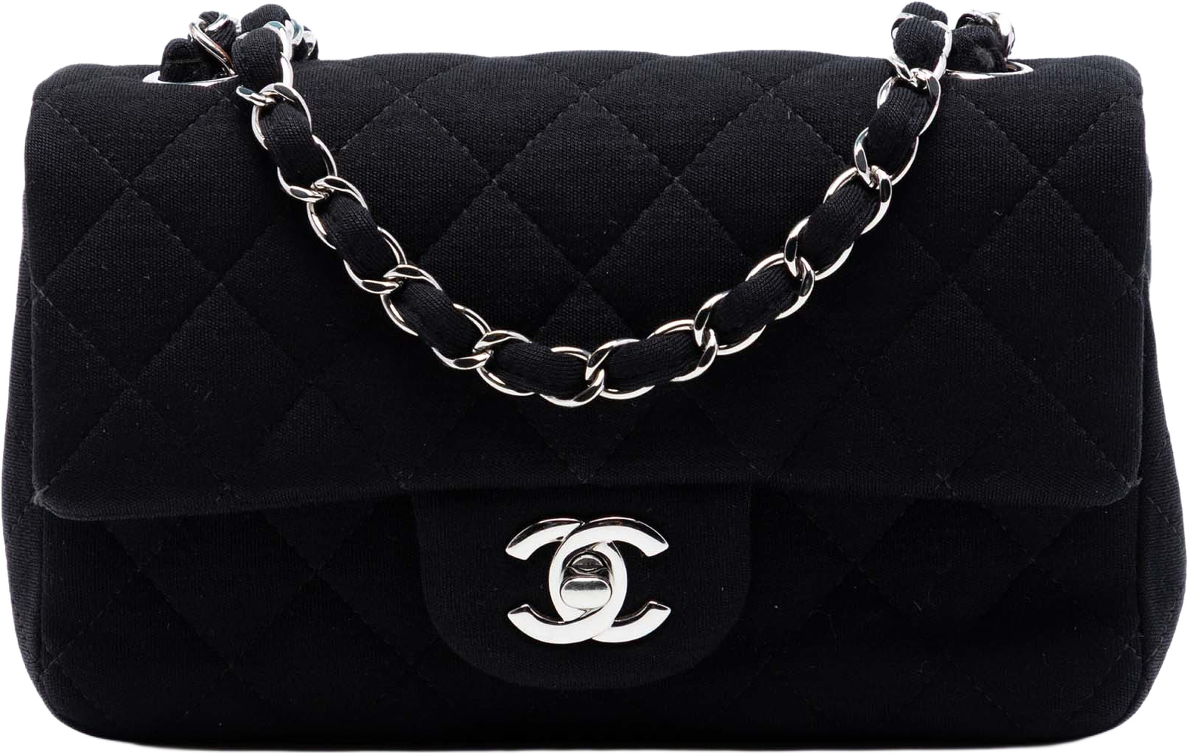 Chanel Mini Rectangular Classic Jersey Single Flap, från Luxclusif, i färgen black. Klicka för att öppna bilden i stort format